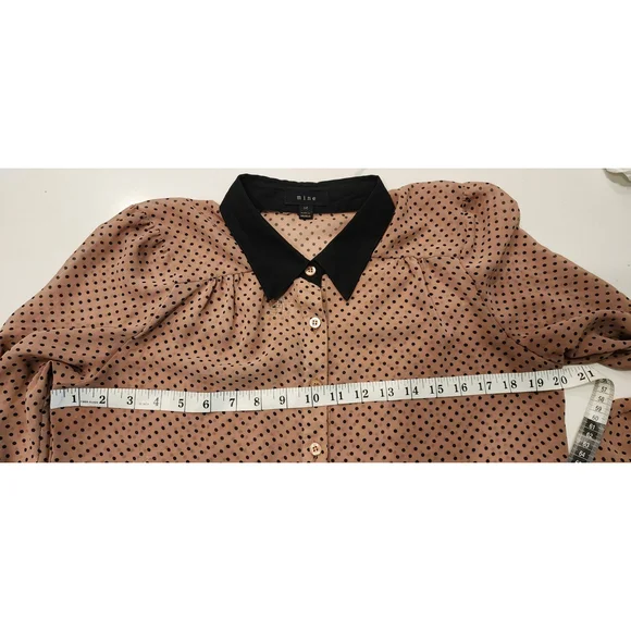 Mine Black & Tan Polka Dot Long Sleeve Sheer Button Down Blouse Top Women's M - Picture 12 of 12